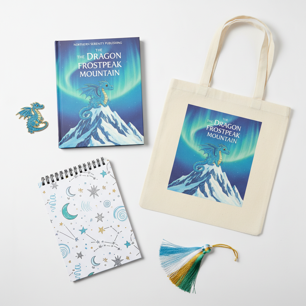 A playful flat-lay of Northern Serenity Publishing book-themed merchandise arranged on a clean, white background in photorealistic detail. A vibrant children’s book with an illustrated snow-capped mountain and friendly dragon sits at the center, surrounded by a matching enamel pin, a soft cotton tote bag printed with the same cover art, a spiral notebook with doodled stars, and a colorful bookmark tassel spilling off the edge. Soft studio lighting evenly illuminates the scene, creating gentle, realistic shadows and crisp edges. The composition uses the rule of thirds to feel balanced yet lively, with bright, saturated colors and a modern, cheerful aesthetic that hints at upcoming merchandise.