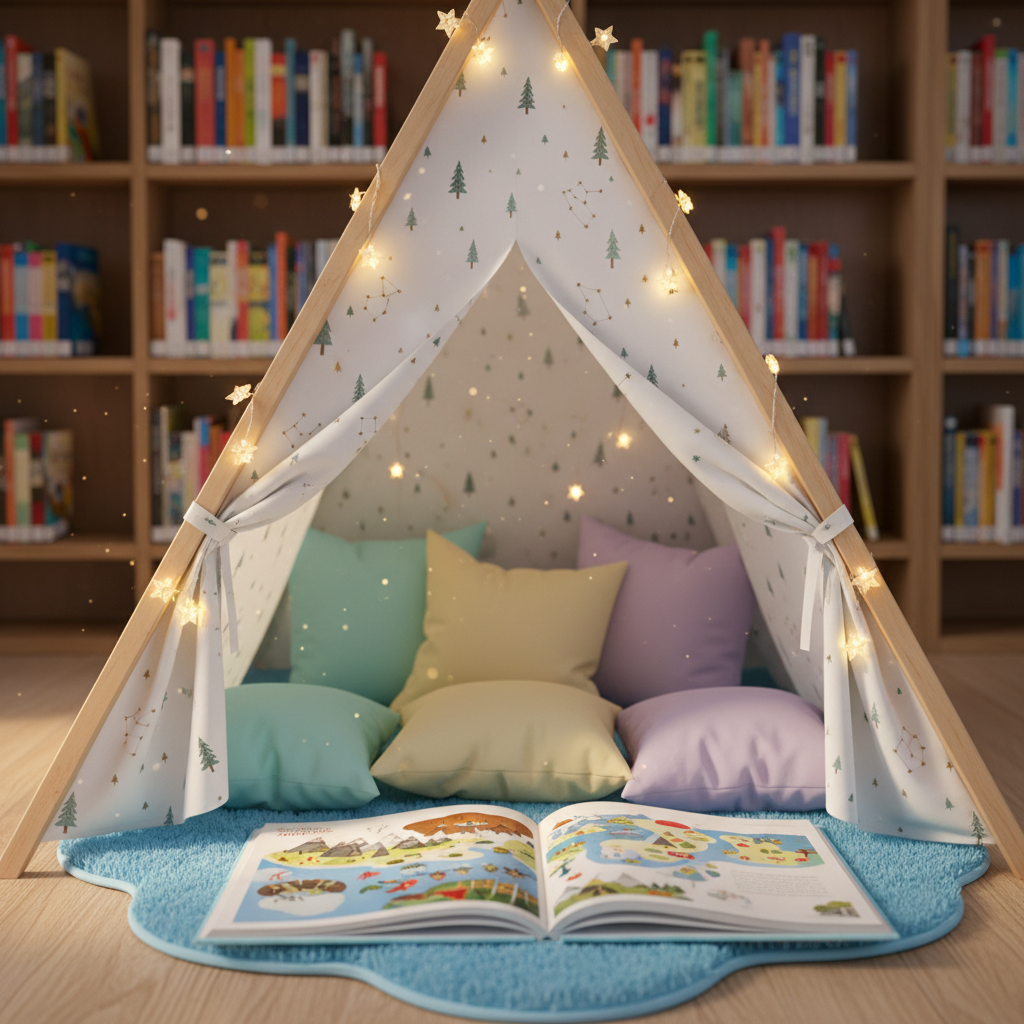 An inviting, photorealistic children’s reading nook built under a simple white wooden A-frame tent, its fabric printed with subtle constellations and pine trees. Plump pastel cushions and a fluffy sky-blue rug create a nest around an open children’s book whose pages show a colorful map of imaginary northern lands. String lights shaped like tiny stars glow warmly along the tent’s edges, casting soft, magical light and gentle shadows. In the background, blurred wooden bookshelves brim with brightly colored spines. Shot at eye level, centered composition, with a cozy, playful atmosphere emphasizing imagination and adventure.
