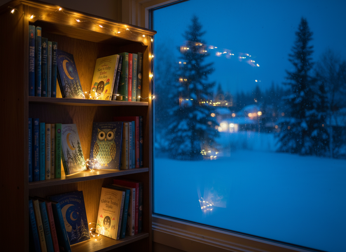 A serene, photorealistic nighttime scene of a small wooden cabin bookshelf by a window, filled with colorful children’s books whose spines glow subtly under a string of warm fairy lights. The books feature illustrated moons, owls, and snow-covered forests. Outside the frosty window, blurred lights suggest a peaceful northern town and distant pine silhouettes. The soft, golden fairy-light illumination contrasts with the cool blue tones of moonlight filtering through the glass, casting delicate reflections on the windowpane. Captured at a slightly angled perspective with moderate depth of field, the atmosphere is cozy, dreamy, and perfect for bedtime stories, aligned with Northern Serenity Publishing’s imaginative, calming adventures.