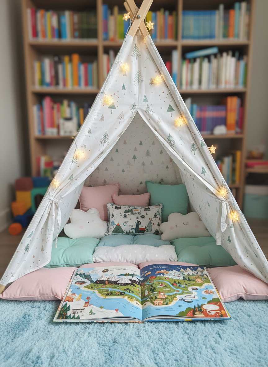 An inviting, photorealistic children’s reading nook built under a simple white wooden A-frame tent, its fabric printed with subtle constellations and pine trees. Plump pastel cushions and a fluffy sky-blue rug create a nest around an open children’s book whose pages show a colorful map of imaginary northern lands. String lights shaped like tiny stars glow warmly along the tent’s edges, casting soft, magical light and gentle shadows. In the background, blurred wooden bookshelves brim with brightly colored spines. Shot at eye level, centered composition, with a cozy, playful atmosphere emphasizing imagination and adventure.