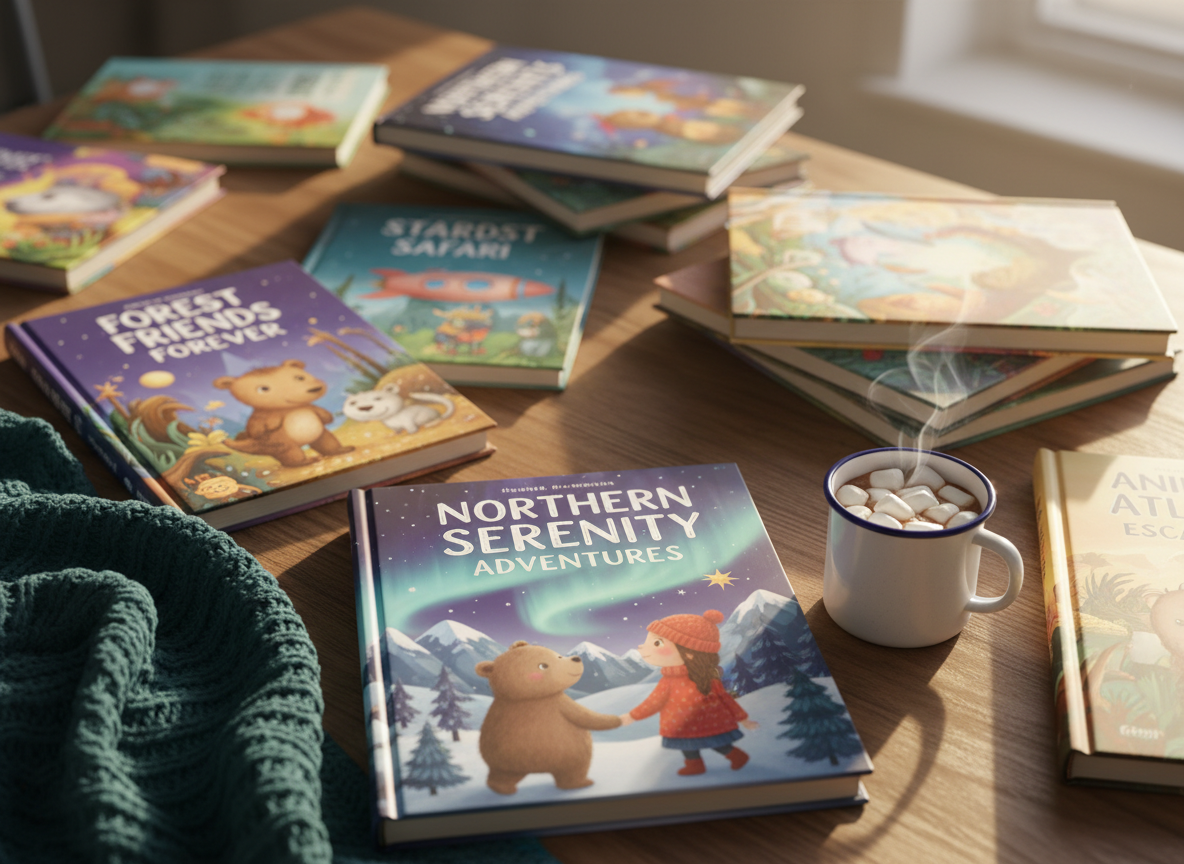 A cozy wooden tabletop covered in a scattered array of colorful children’s books, each with vibrant, whimsical illustrated covers featuring forests, stars, and friendly animals, all rendered as realistic printed hardcovers. A soft, knitted teal blanket peeks in from the edge, and a small enamel mug of hot cocoa with marshmallows sits nearby. Gentle afternoon light from an unseen window washes across the scene, creating warm highlights on glossy book covers and soft shadows between stacks. Photographic realism with a playful, inviting mood, shot from a slightly elevated angle with shallow depth of field so the foreground book titled “Northern Serenity Adventures” is in crisp focus, while the rest fades into a dreamy blur.