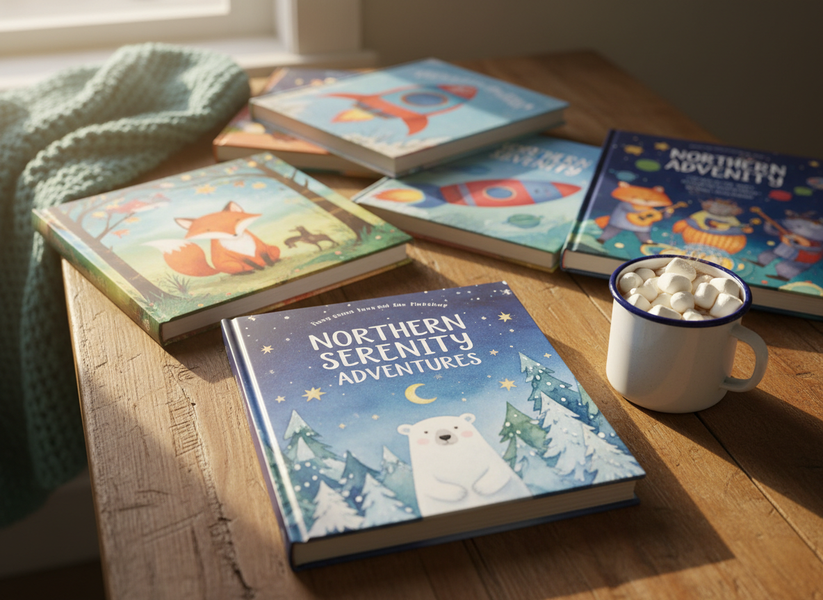 A cozy wooden tabletop covered in a scattered array of colorful children’s books, each with vibrant, whimsical illustrated covers featuring forests, stars, and friendly animals, all rendered as realistic printed hardcovers. A soft, knitted teal blanket peeks in from the edge, and a small enamel mug of hot cocoa with marshmallows sits nearby. Gentle afternoon light from an unseen window washes across the scene, creating warm highlights on glossy book covers and soft shadows between stacks. Photographic realism with a playful, inviting mood, shot from a slightly elevated angle with shallow depth of field so the foreground book titled “Northern Serenity Adventures” is in crisp focus, while the rest fades into a dreamy blur.