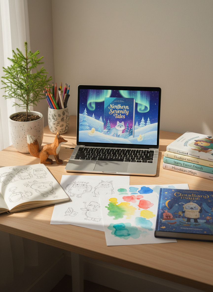 A photorealistic, whimsical desktop workspace for a children’s book publisher, featuring a light birch desk with an open laptop displaying a colorful book cover mockup titled “Northern Serenity Tales.” Around it lie scattered sketchbooks filled with rough creature drawings, watercolor swatches in bright primary hues, and neatly stacked printed picture books. A small pine tree sapling in a ceramic pot and a carved wooden fox figurine add northern, nature-inspired touches. Soft morning light pours in from a nearby window, creating bright highlights and long, gentle shadows across the surface. Shot from a slightly elevated angle with sharp focus throughout, the mood is creative, playful, and organized, emphasizing imaginative book creation.