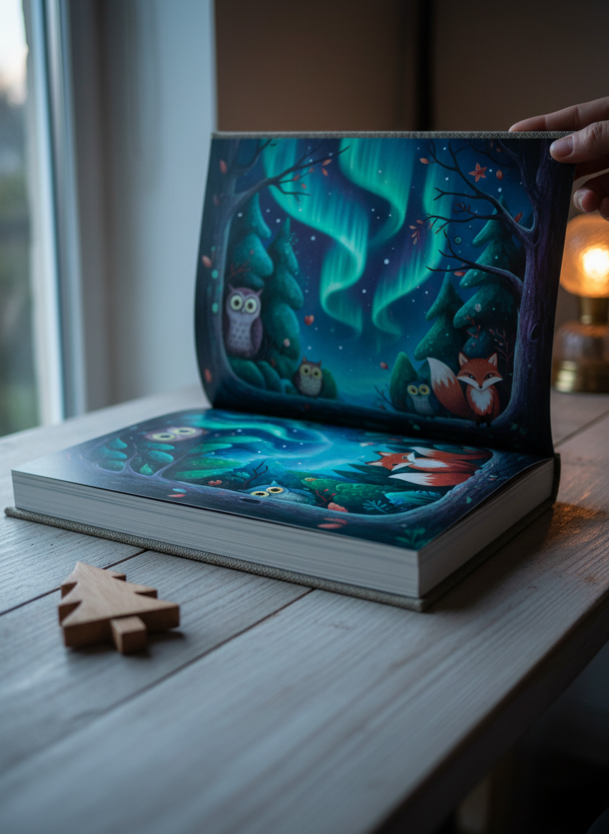 A photorealistic close-up of a thick children’s picture book being gently opened on a rustic, pale wood table, revealing a dramatic double-page spread of a luminous northern forest under swirling auroras. The pages show richly saturated blues, greens, and purples, with stylized owls and foxes peeking from behind illustrated trees. A carved wooden bookmark shaped like a tiny pine tree rests beside the book. Cool, diffused evening light from the left contrasts with the warm glow of a small table lamp on the right, creating a dynamic interplay of shadows and highlights. Captured from a low, side angle with shallow depth of field, the mood is wonder-filled and cinematic.